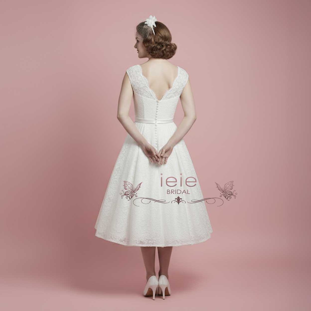 Vintage Style Lace Tea Length Wedding Dress with Pleated Skirt CAROLINE