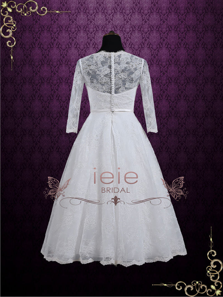 Ready to Wear Vintage Inspired Tea Length Lace Wedding Dress with Sleeves MAYA