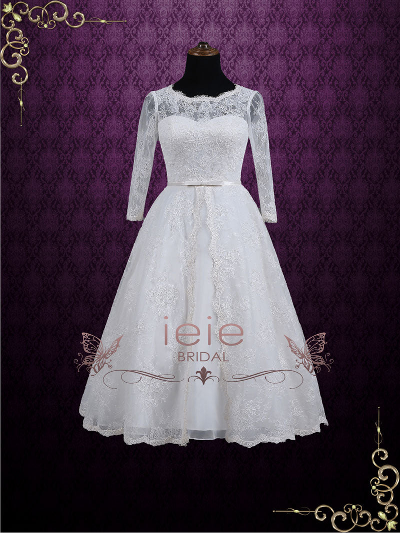Ready to Wear Vintage Inspired Tea Length Lace Wedding Dress with Sleeves MAYA