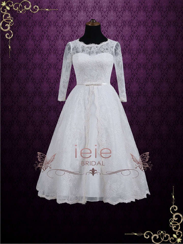 Ready to Wear Vintage Inspired Tea Length Lace Wedding Dress with Sleeves MAYA
