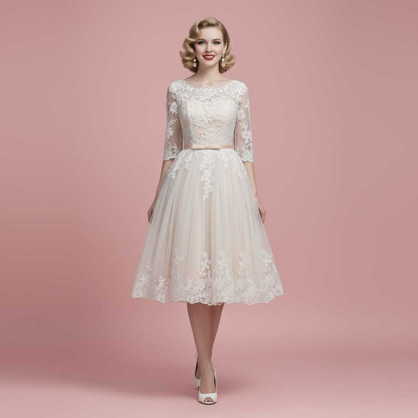 Vintage Champagne Short Lace Wedding Dress with Sleeves MAPLE