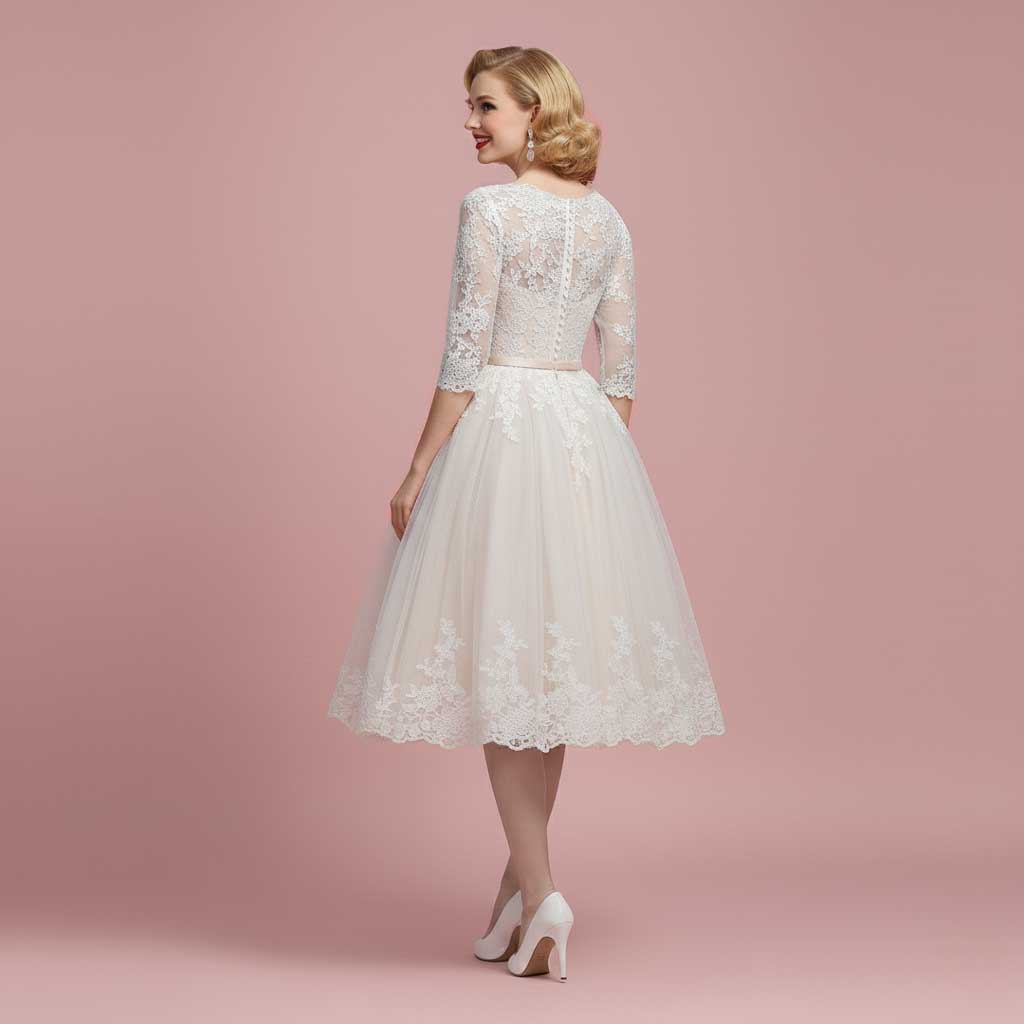 Vintage Champagne Short Lace Wedding Dress with Sleeves MAPLE