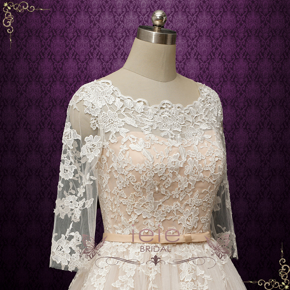 Vintage Champagne Short Lace Wedding Dress with Sleeves MAPLE – ieie