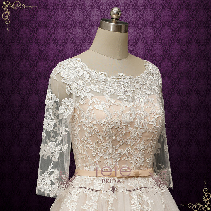 Vintage Champagne Short Lace Wedding Dress with Sleeves MAPLE