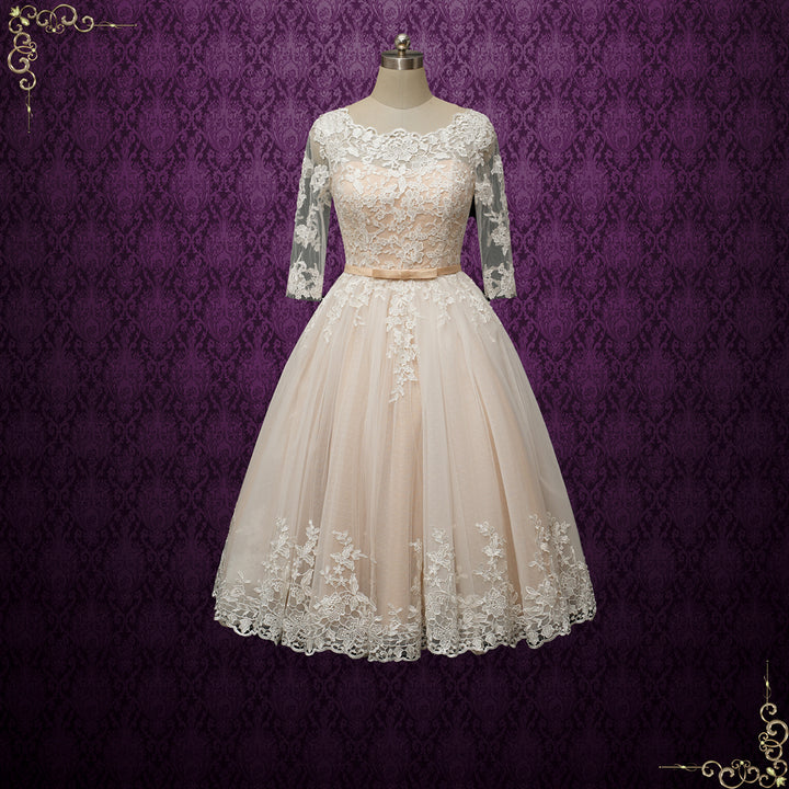 Vintage Champagne Short Lace Wedding Dress with Sleeves Maple Size 26W / Champagne Vintage Champagne Short Lace Wedding Dress with Sleeves Maple Size 26W / Champagne