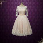 Vintage Champagne Short Lace Wedding Dress with Sleeves MAPLE