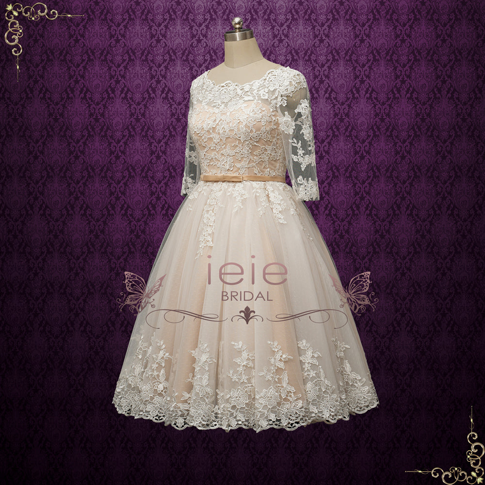 Vintage Champagne Short Lace Wedding Dress with Sleeves MAPLE