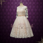 Vintage Champagne Short Lace Wedding Dress with Sleeves MAPLE