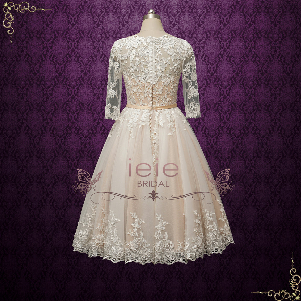 short champagne wedding dresses Vintage Champagne Short Lace Wedding Dress with Sleeves MAPLE Size 26W / Champagne