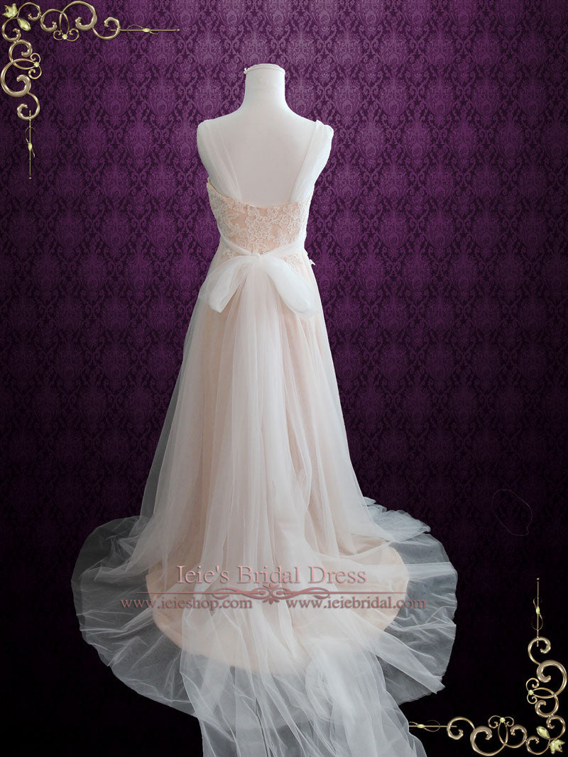 Ready to Wear Blush Boho Beach Lace Wedding Dress with Illusion Neckline SARA