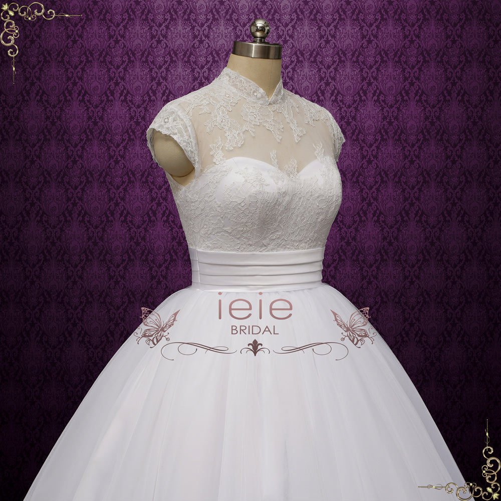 White Ball Gown Lace Wedding Dress with Cap Sleeves | NICO
