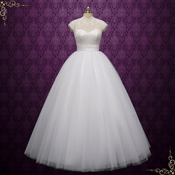 White Ball Gown Lace Wedding Dress with Cap Sleeves | NICO