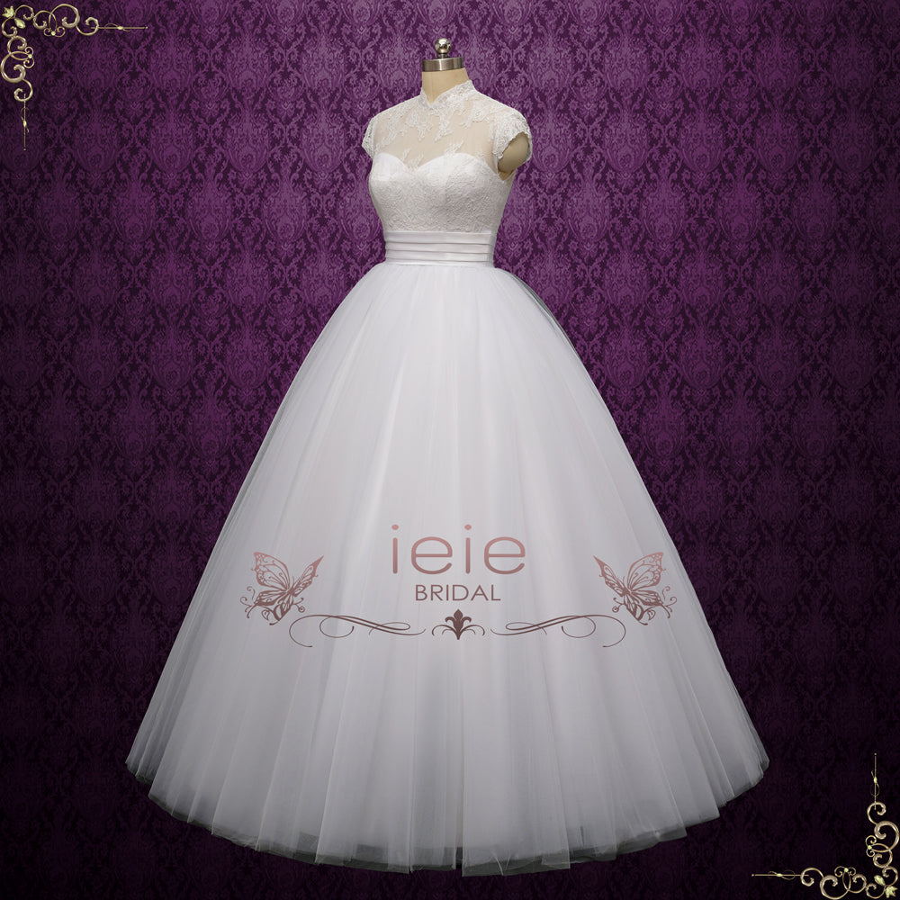 White Ball Gown Lace Wedding Dress with Cap Sleeves | NICO