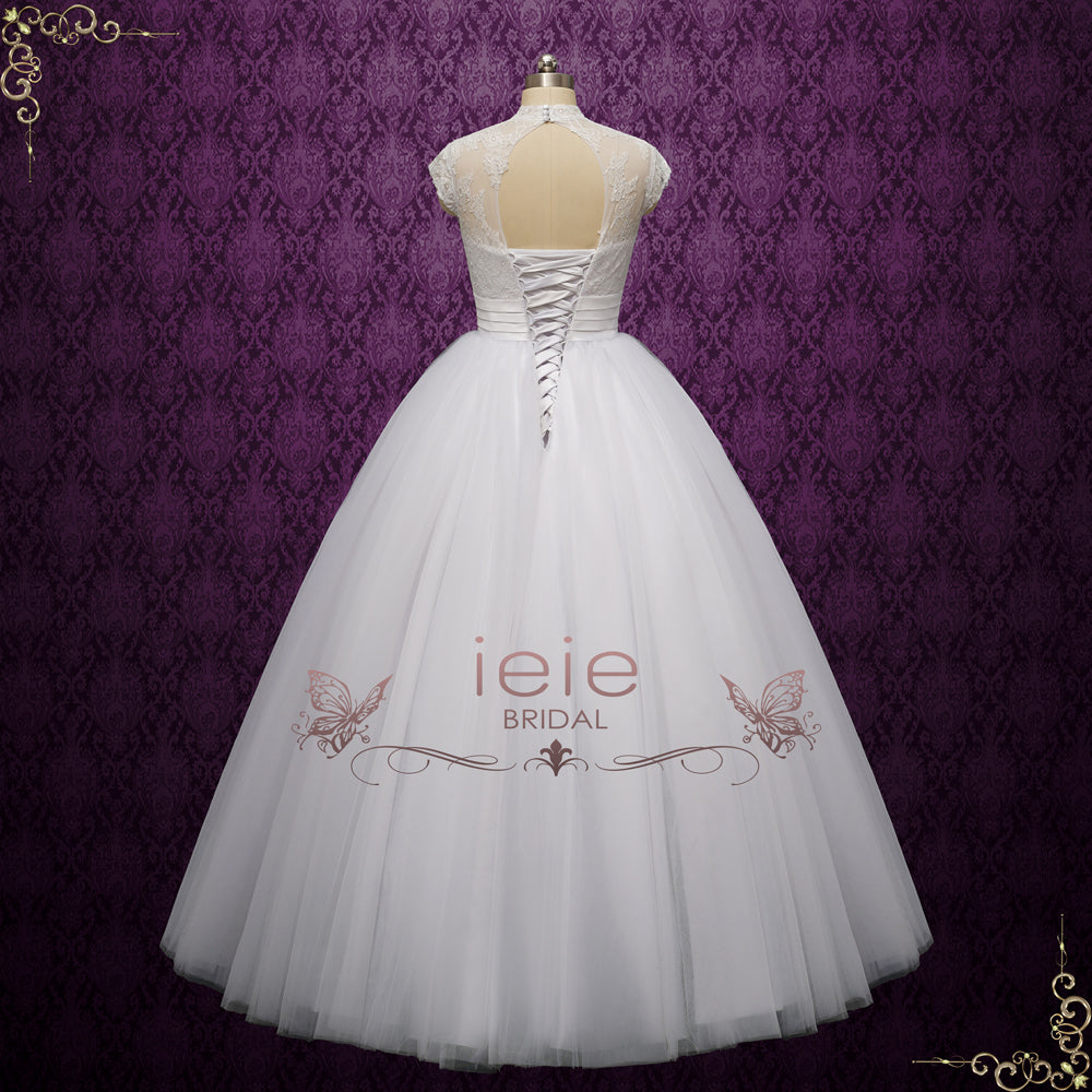 White Ball Gown Lace Wedding Dress with Cap Sleeves | NICO