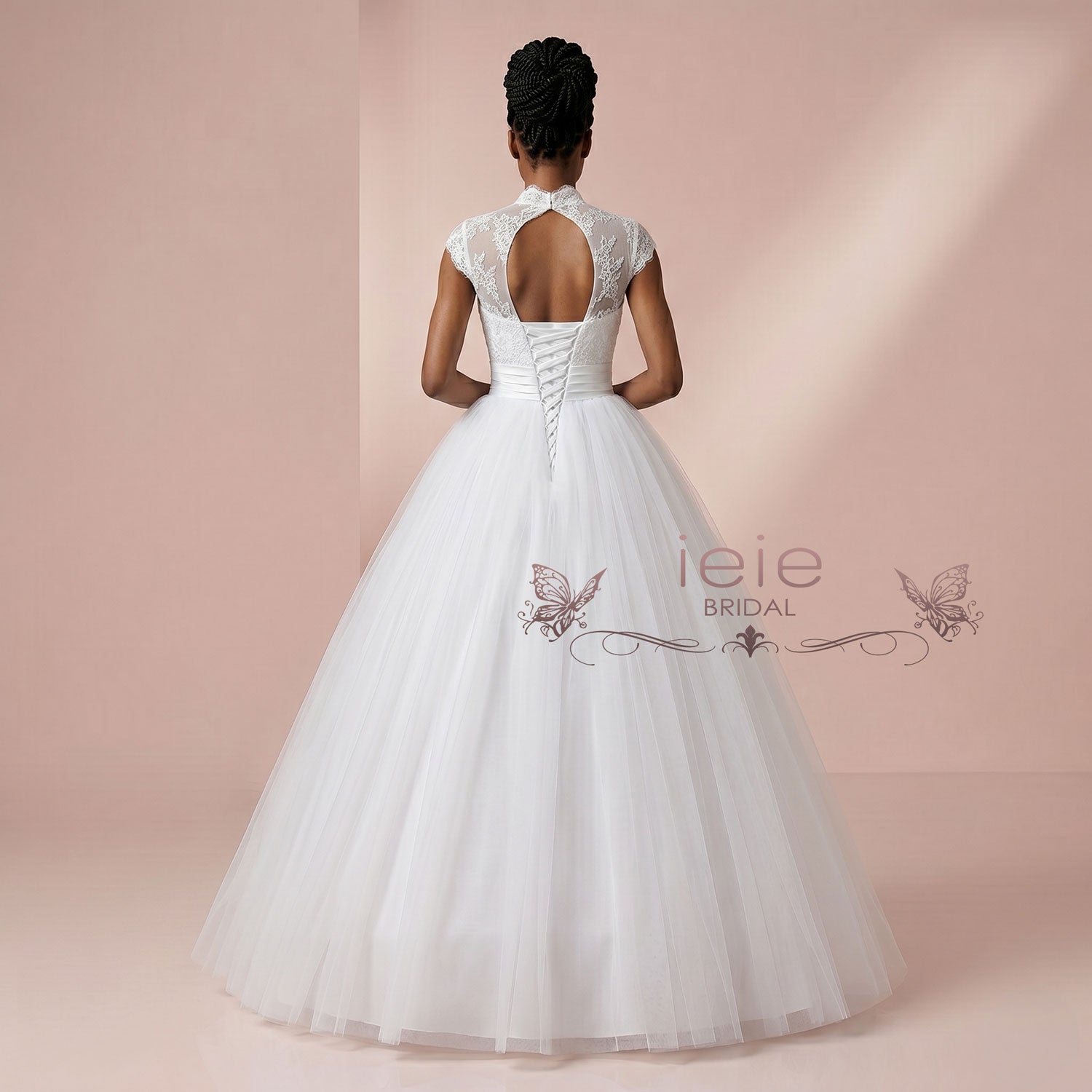 White Ball Gown Lace Wedding Dress with Cap Sleeves | NICO