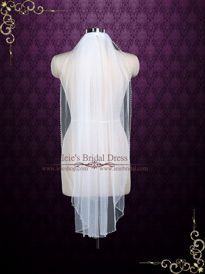 One Layer Fingertip Short Wedding Veil with Pearls and Crystals VG1074