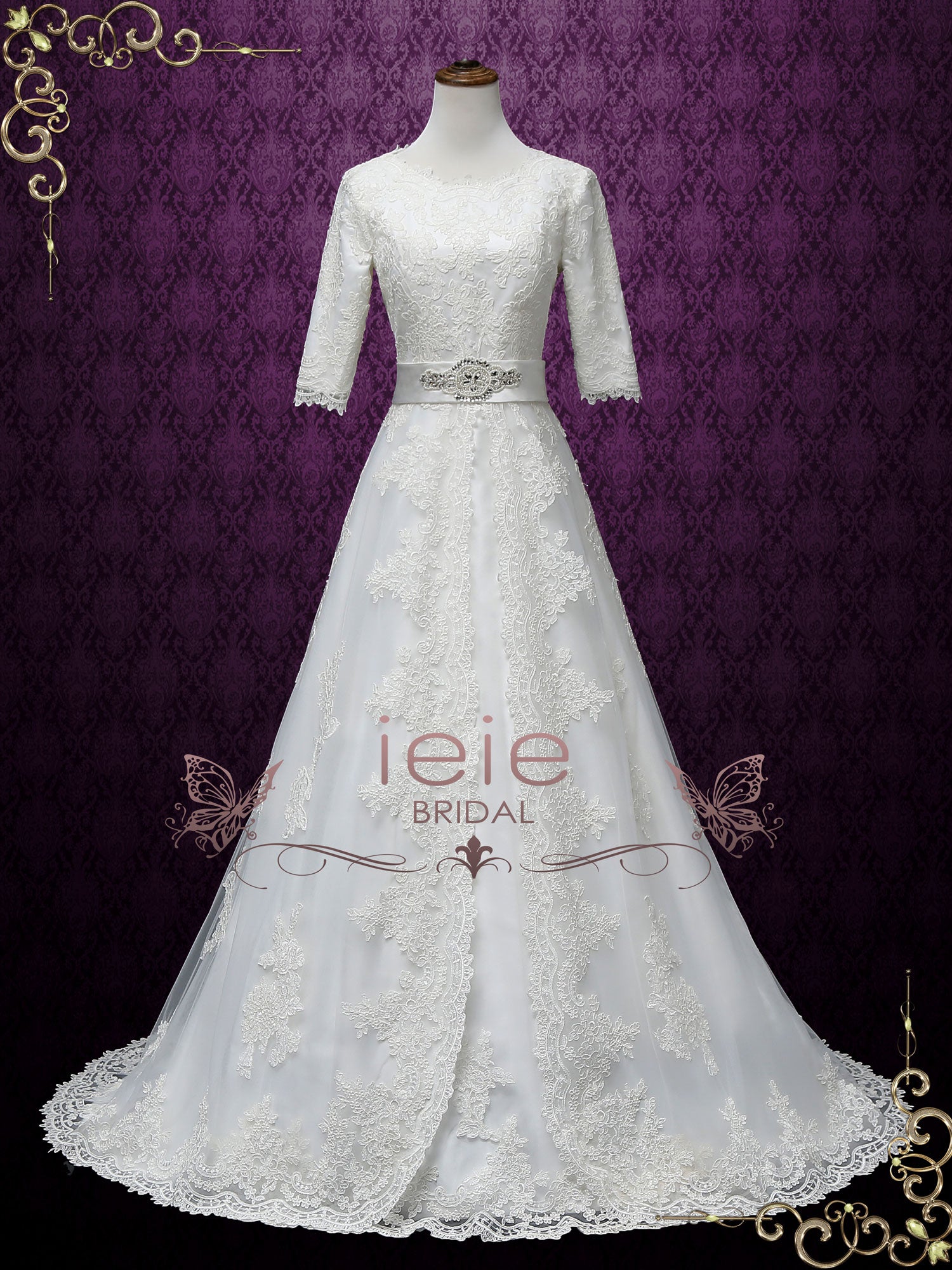 Modest A-line Lace Wedding Dress with Sleeves LORINA