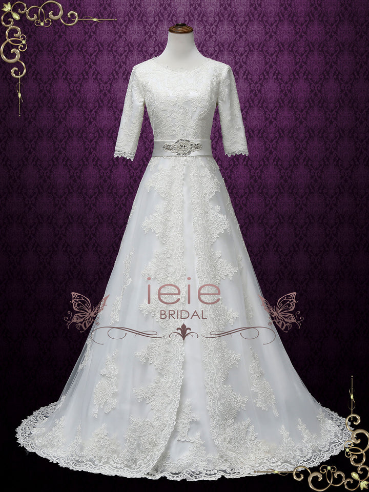 Modest A-line Lace Wedding Dress with Sleeves LORINA