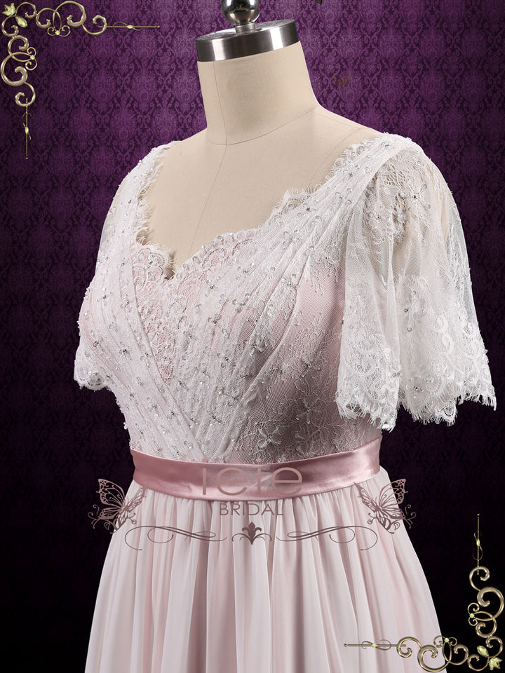 Boho Lace Chiffon Wedding Dress with Short Sleeves | Patricia