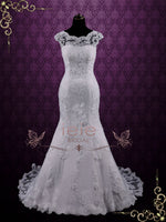 White Modest Vintage Lace Wedding Dress with Cap Sleeves JULY