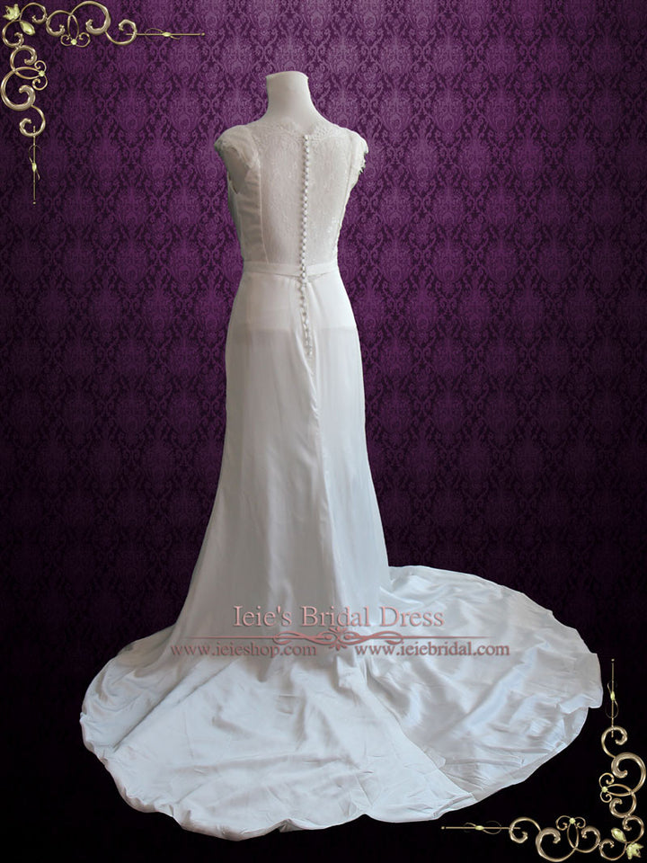 Cowl Neck Modest Illusion Lace Back Slim A-line Wedding Dress NAOMI