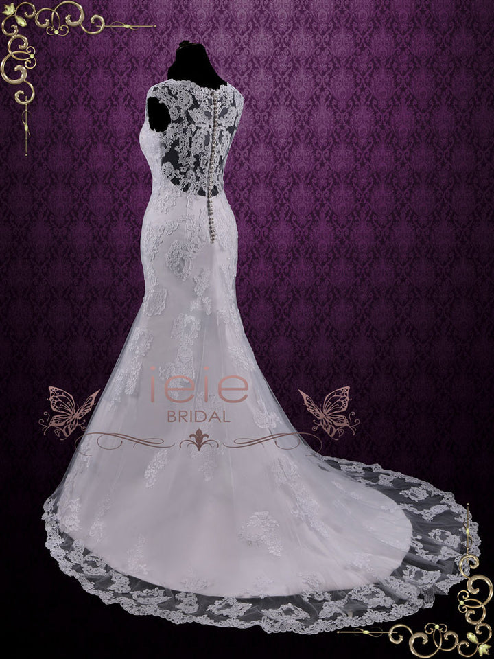 White Modest Vintage Lace Wedding Dress with Cap Sleeves JULY