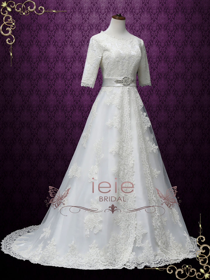 Modest A-line Lace Wedding Dress with Sleeves LORINA