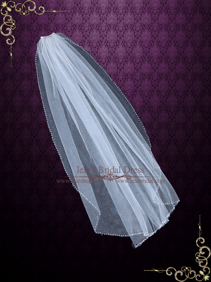 One Layer Fingertip Short Wedding Veil with Pearls and Crystals VG1074