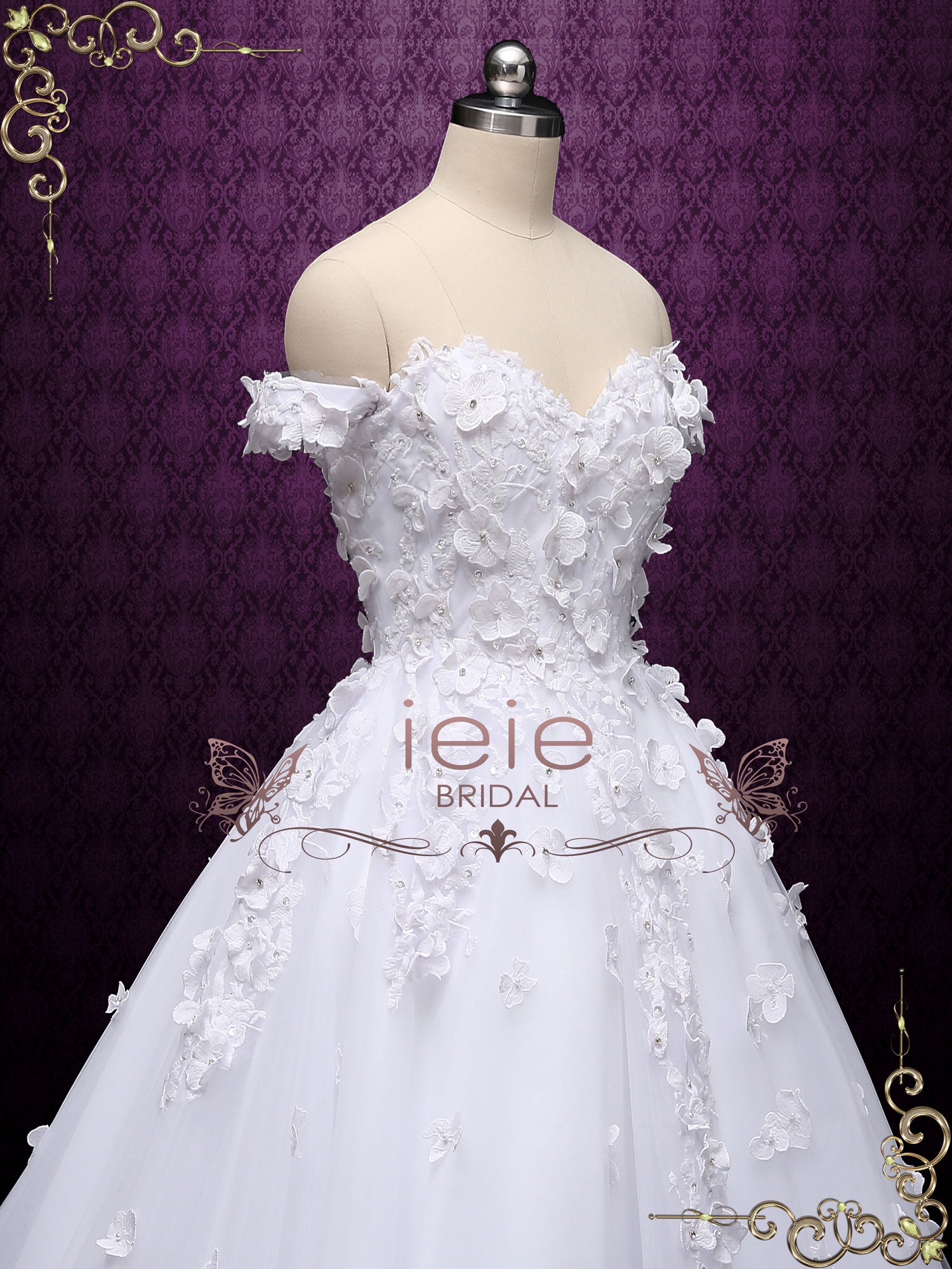 Floral Ball Gown Wedding Dress with Off Shoulder Straps RENA – ieie Floral Ball Gown Wedding Dress with Off Shoulder Straps RENA – ieie