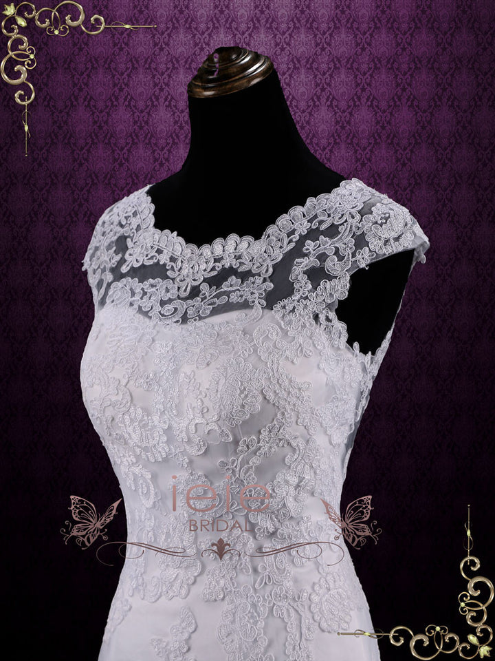White Modest Vintage Lace Wedding Dress with Cap Sleeves JULY