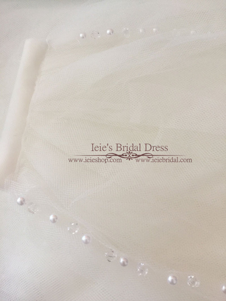 One Layer Fingertip Short Wedding Veil with Pearls and Crystals VG1074