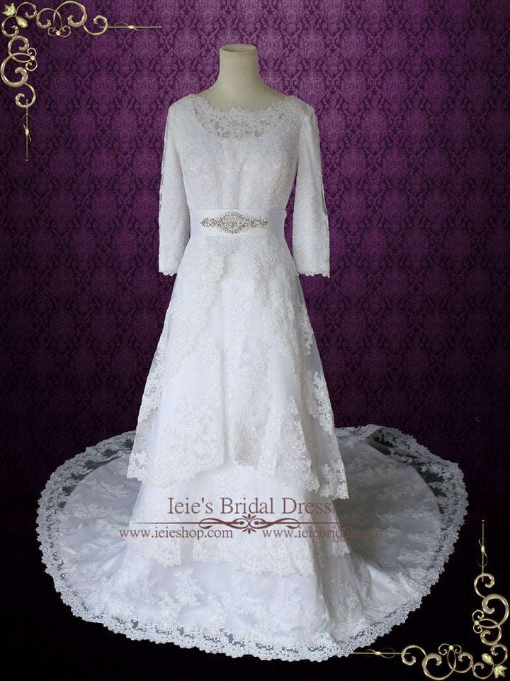 Modest Wedding Dress with Long Sleeves Vintage Lace Wedding Dress with Jewel Neck | Avina