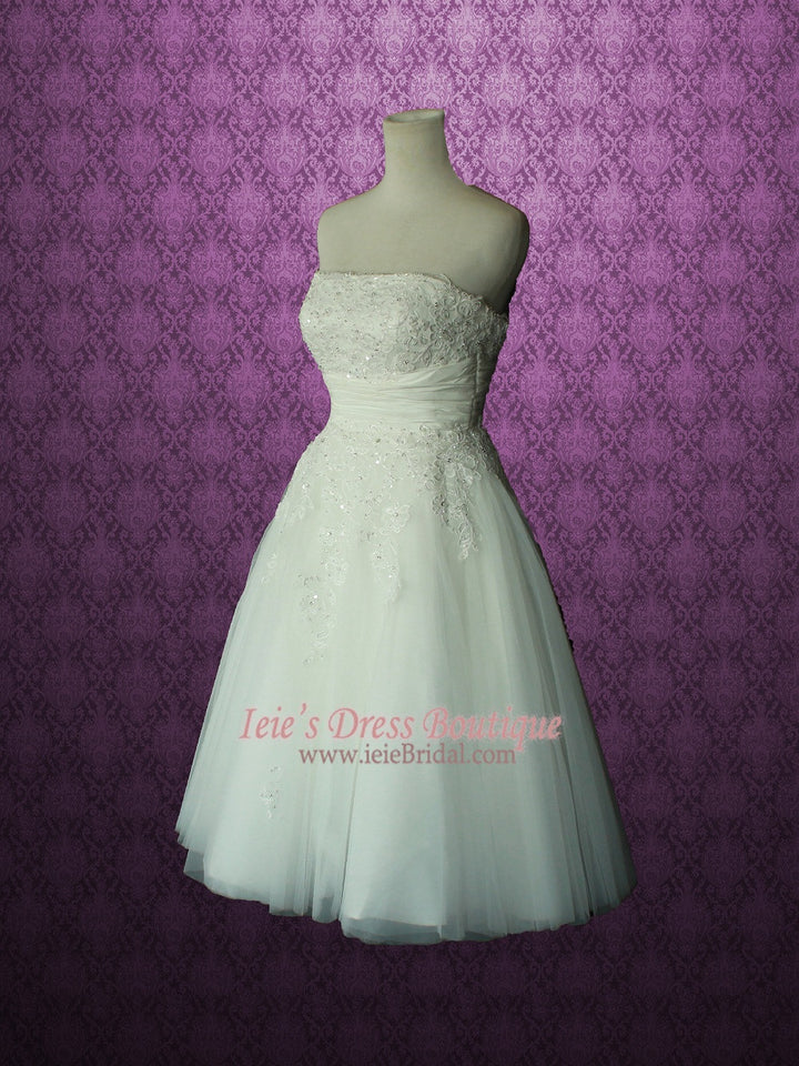 Retro Vintage Style Strapless Lace Tulle Tea Length Wedding Dress | Serena