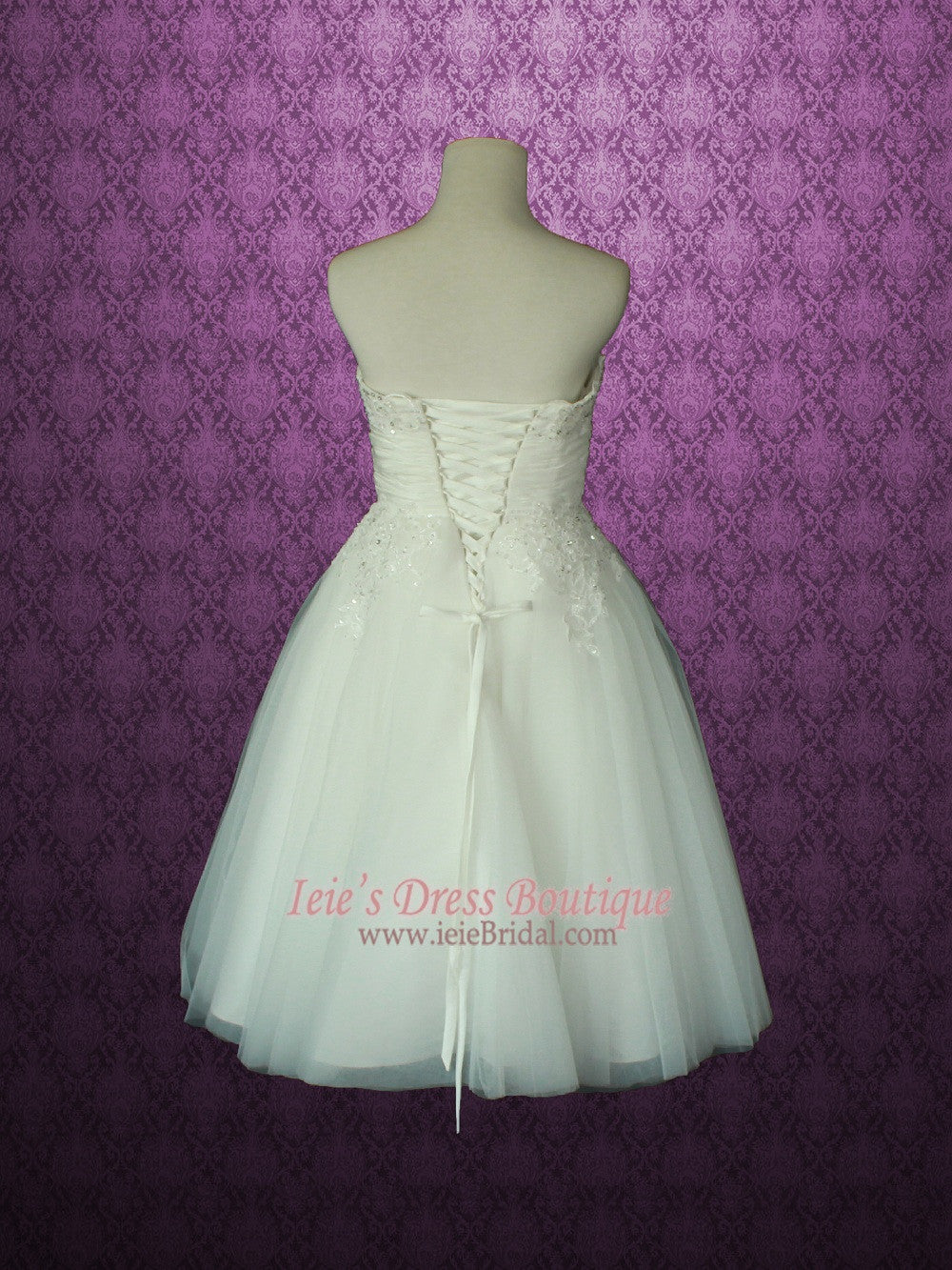 Retro Vintage Style Strapless Lace Tulle Tea Length Wedding Dress | Serena