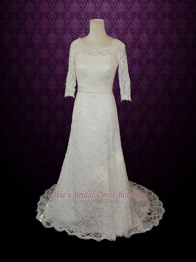 Vintage Modest Lace Wedding Dress with Long Sleeves REBECCA