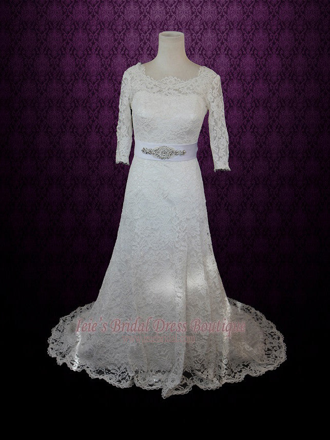 Vintage Modest Lace Wedding Dress with Long Sleeves REBECCA