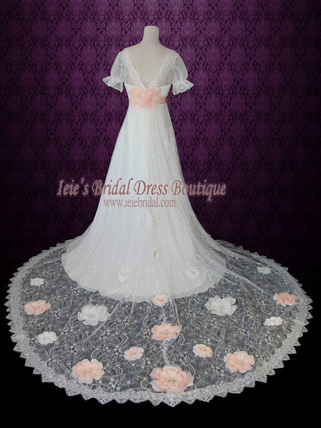 Empire Lace Wedding Dress with Sleeves Pink Sash and Flowers ANTJE
