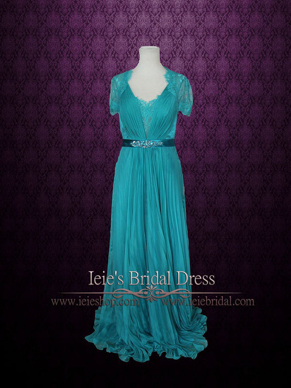 Teal Lace V neck Formal Prom Evening Dress with Short Sleeves FIONA