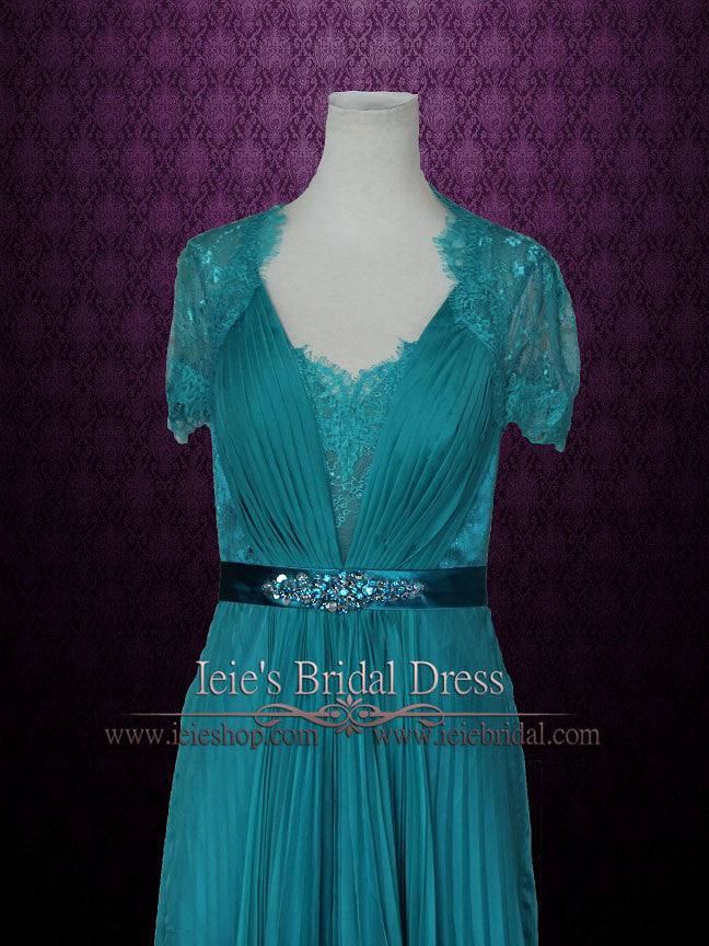 Teal Lace V neck Formal Prom Evening Dress with Short Sleeves FIONA