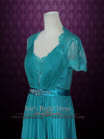 Teal Lace V neck Formal Prom Evening Dress with Short Sleeves FIONA