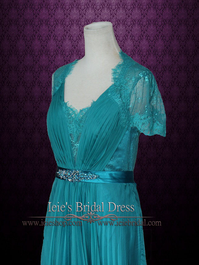 Teal Lace V neck Formal Prom Evening Dress with Short Sleeves FIONA