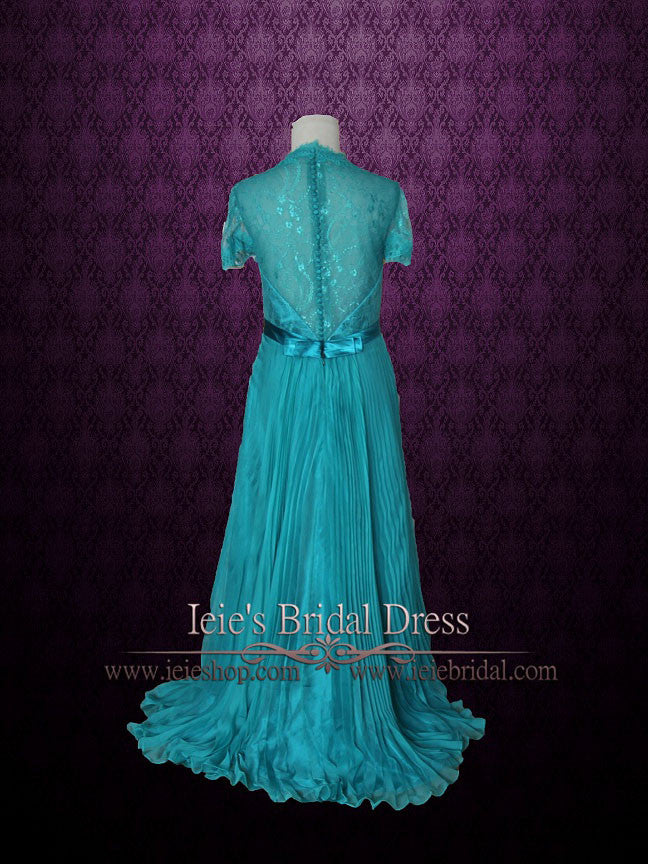 Teal Lace V neck Formal Prom Evening Dress with Short Sleeves FIONA