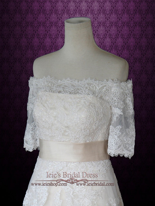 Off The Shoulder Lace Overlay Wedding Dress with Short Sleeves ILLIAN