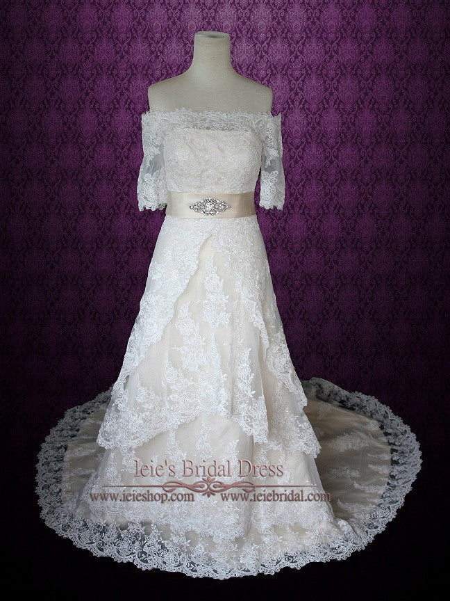 Off The Shoulder Lace Overlay Wedding Dress with Short Sleeves ILLIAN