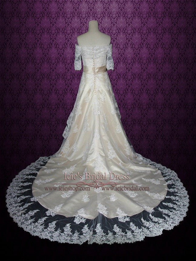 Off The Shoulder Lace Overlay Wedding Dress with Short Sleeves ILLIAN
