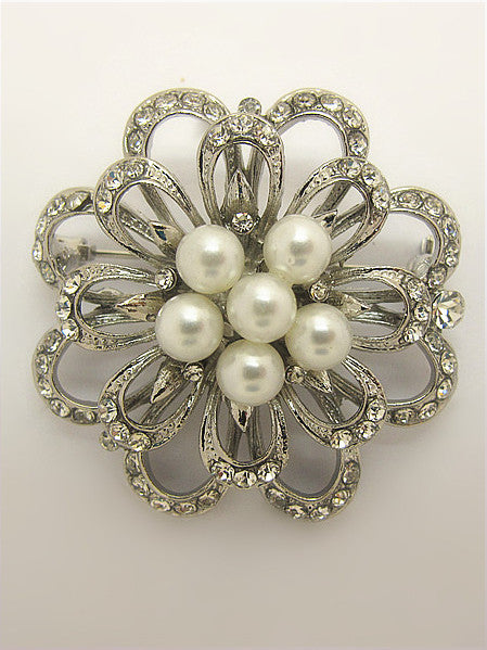 Vintage Style Inspired Silver Pearl Floral Brooch