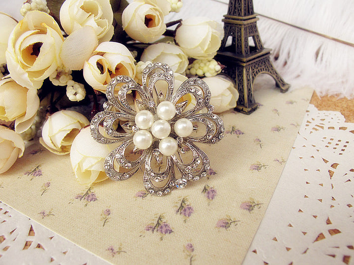 Vintage Style Inspired Silver Pearl Floral Brooch