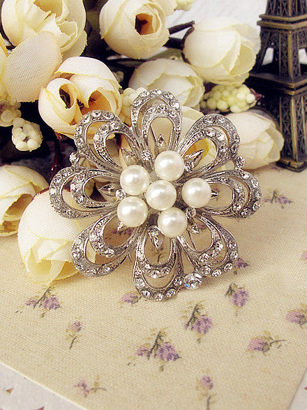 Vintage Style Inspired Silver Pearl Floral Brooch