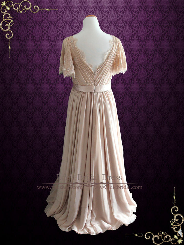 Victorian Style Beige Modest Chiffon Wedding Dress with Butterfly Sleeves | Patricia