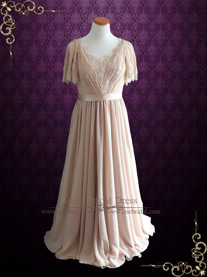 Victorian Style Beige Modest Chiffon Wedding Dress with Butterfly Sleeves | Patricia